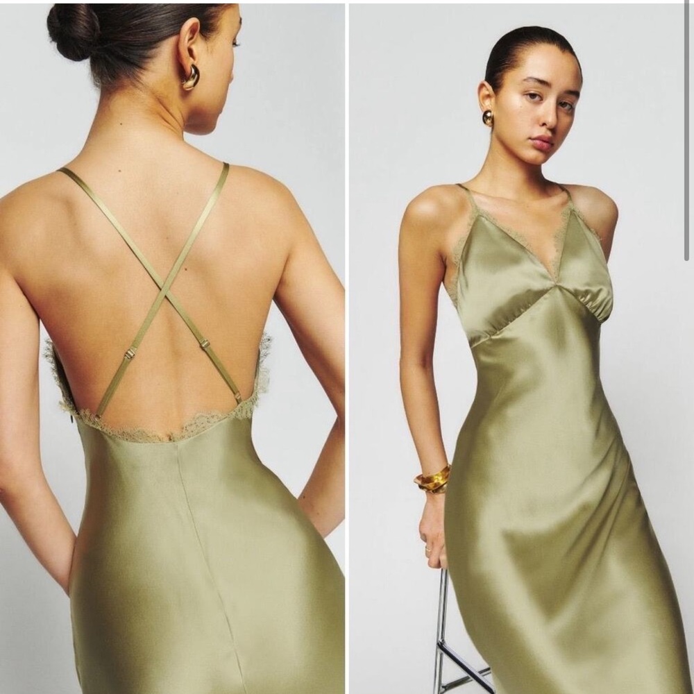 Reformation Maysen Silk Long Dress Olive NWT Size 8
